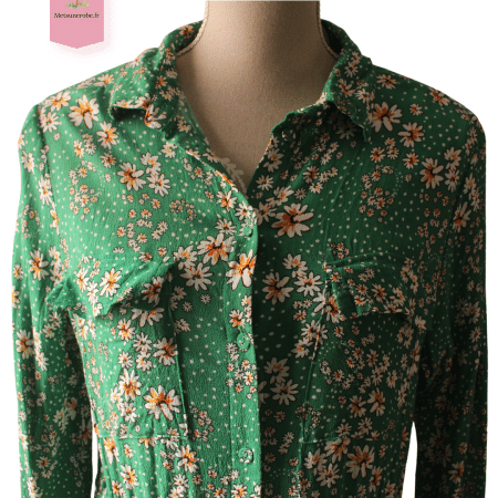 Robe midi chemise verte à pâquerette - Fit & Flare Yessica - Taille 44