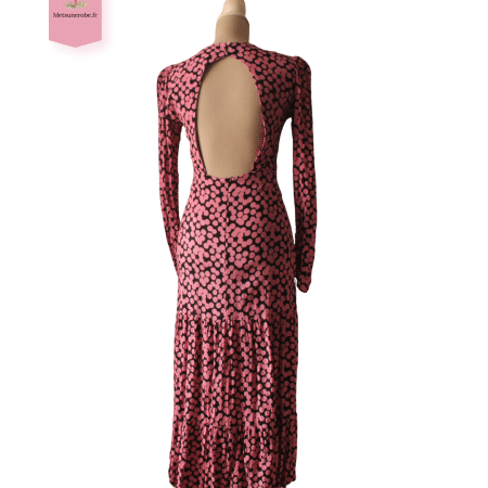 Robe noire joli décolleté dans le dos à pois roses - Mango - Taille S