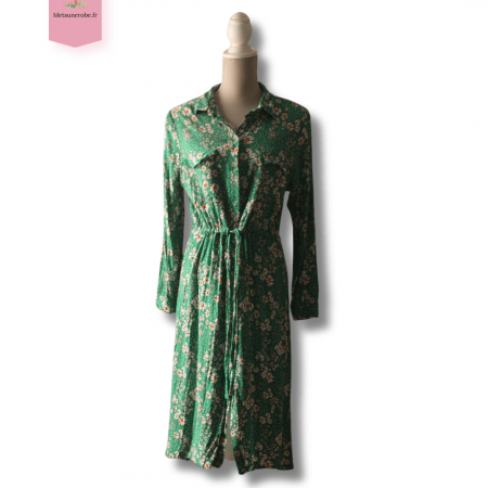 Robe midi chemise verte à pâquerette - Fit & Flare Yessica - Taille 44