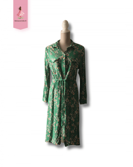 Robe midi chemise verte à pâquerette - Fit & Flare Yessica - Taille 44