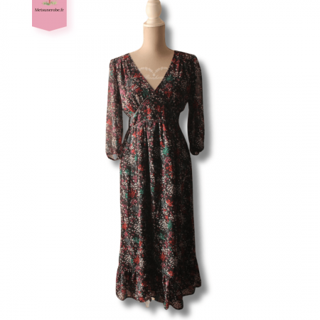 Robe empire noire fleurie manches voile Etam  Taille L 40