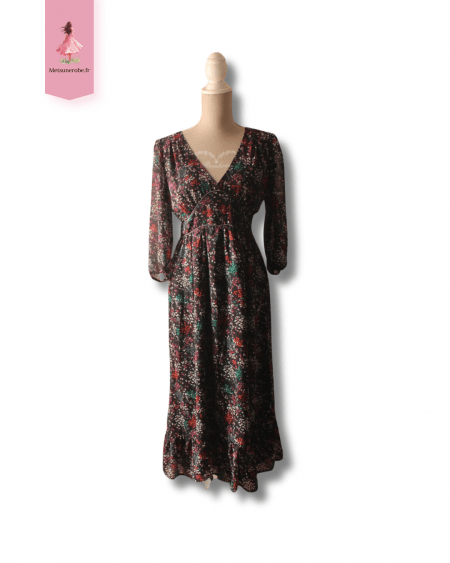 Robe empire noire fleurie manches voile Etam  Taille L 40